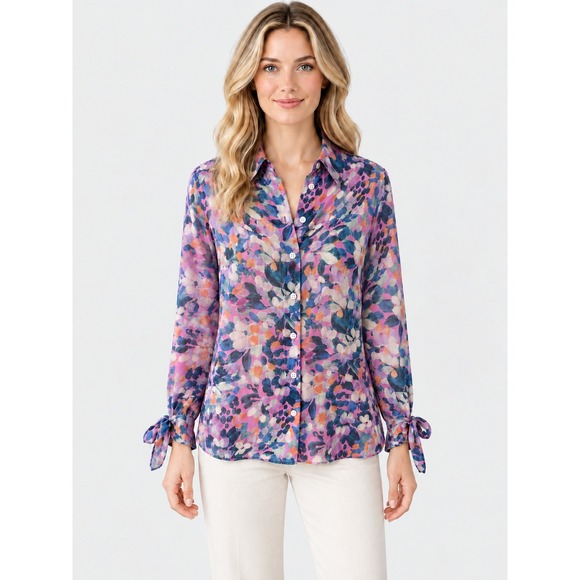 Carlisle Collection Tops - Carlisle Collection 100% Silk Floral Artsy Button Front Blouse Tie Cuffs Size 4